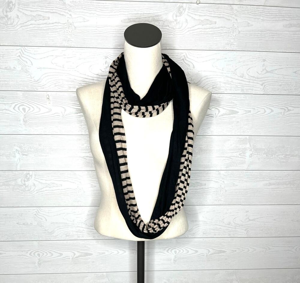 LOFT black/taupe striped double loop infinity scarf NWT